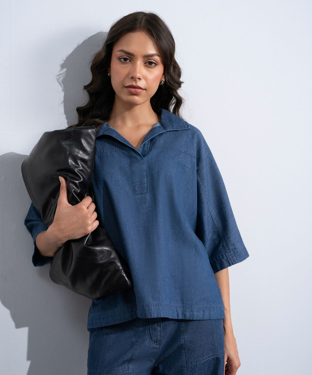 Women's Western Rinse Wash Denim Top With Kimono Sleeve