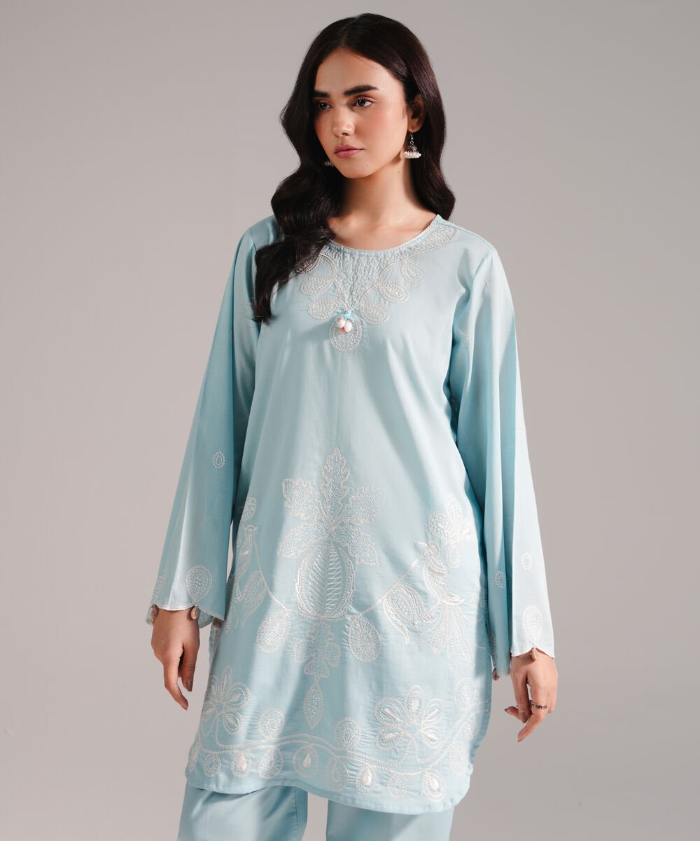 Women's RTW Crosshatch Embroidered Ice Blue Straight Shirt