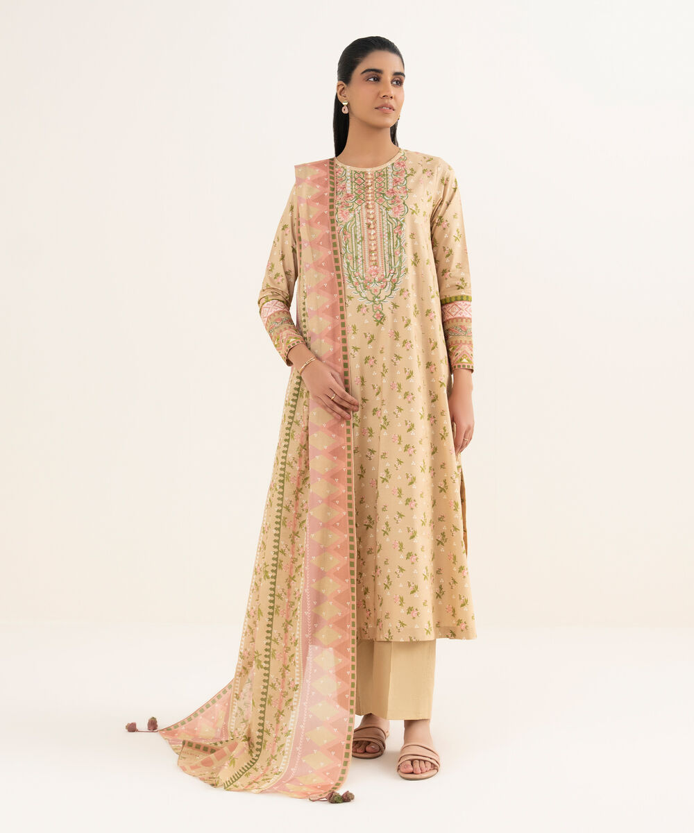 Women's Unstitched Textured Lawn Embroidered Beige 3 Piece Suit