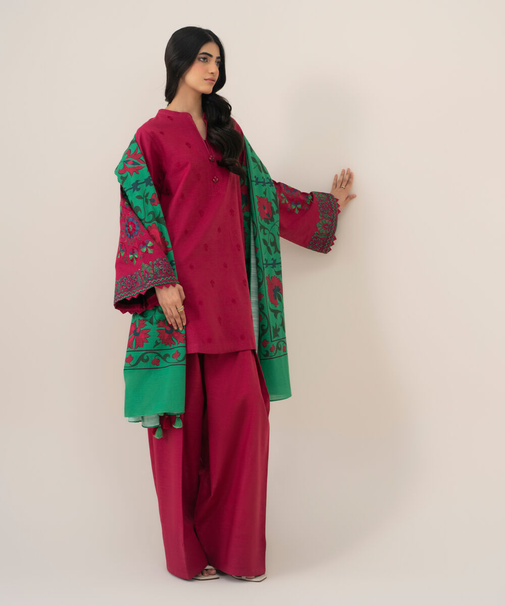 Women's Unstitched Basic Khaddar Embroidered Pink 3 Piece Suit