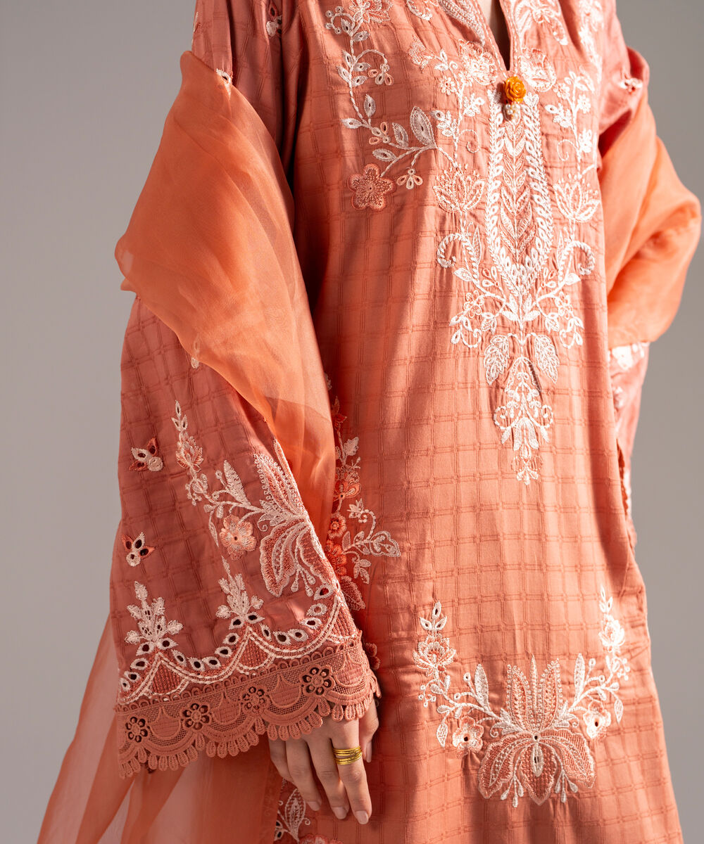 Women's RTW Dobby Embroidered Coral 3 Piece Suit