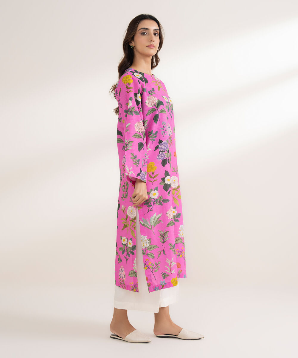 Women's RTW Khaddar Printed A-Line Pink Shirt