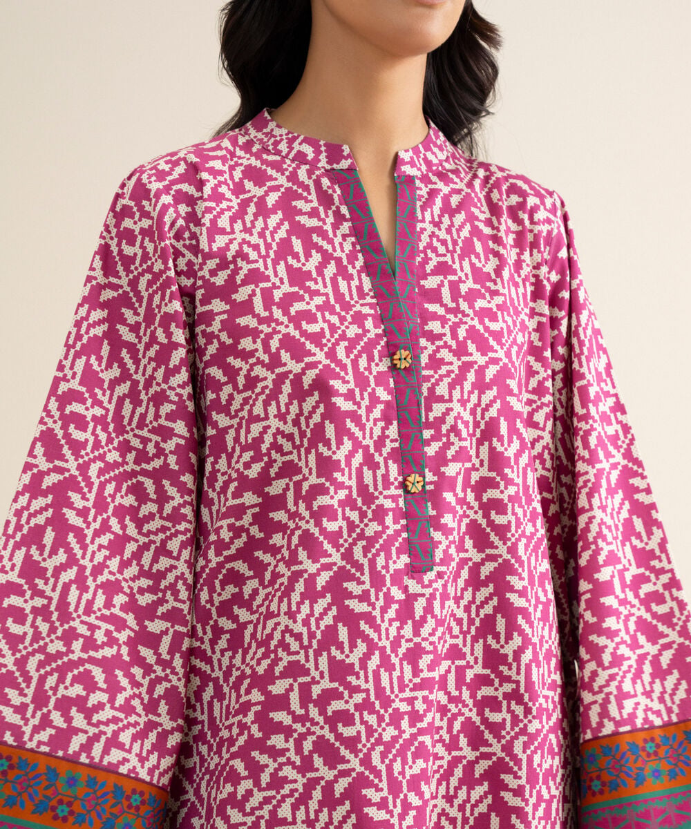 Women's Unstitched Cotton Printed Pink 3 Piece Suit