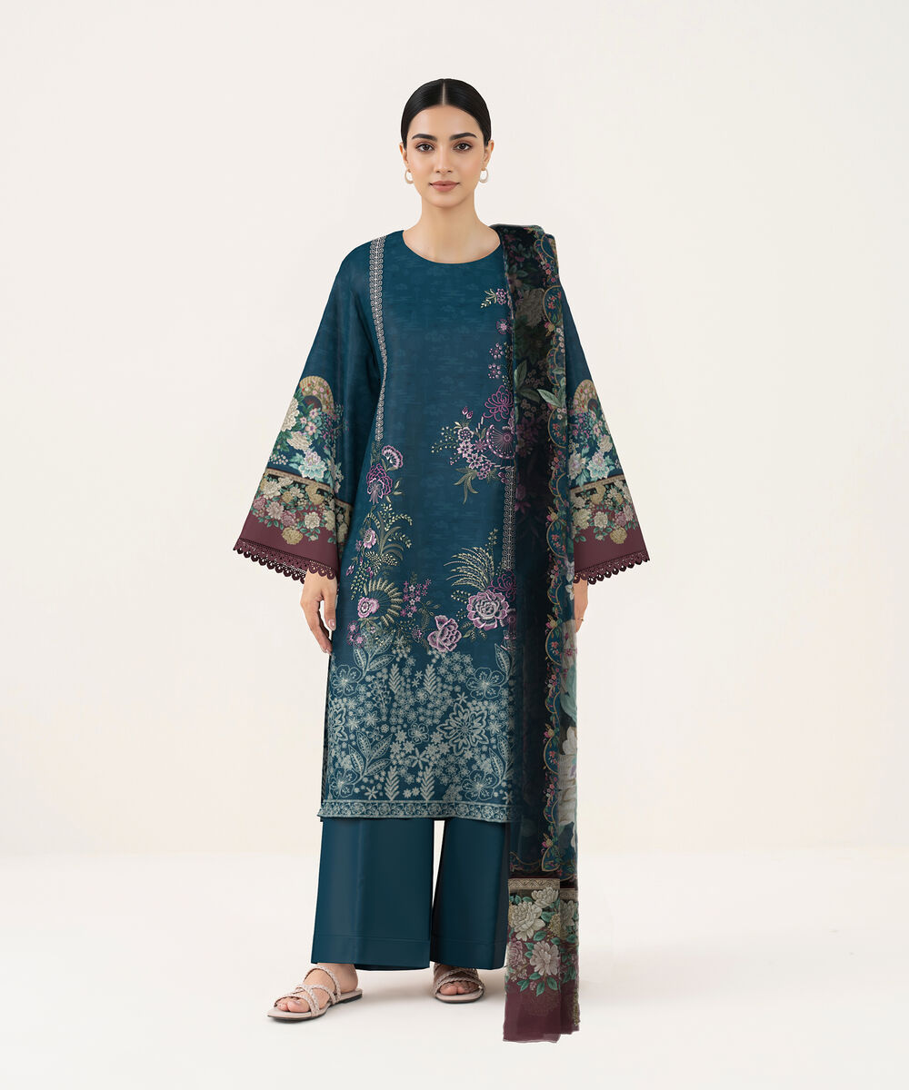 Women's Unstitched Lawn Teal Embroidered 3 Piece Suit