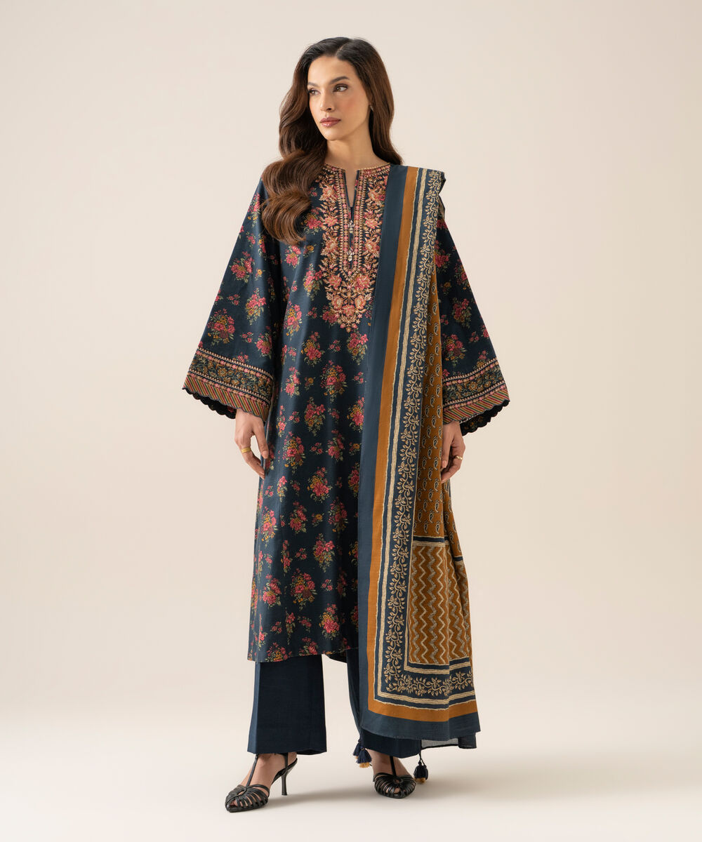 Women's Unstitched Light Khaddar Embroidered Blue 3 Piece Suit