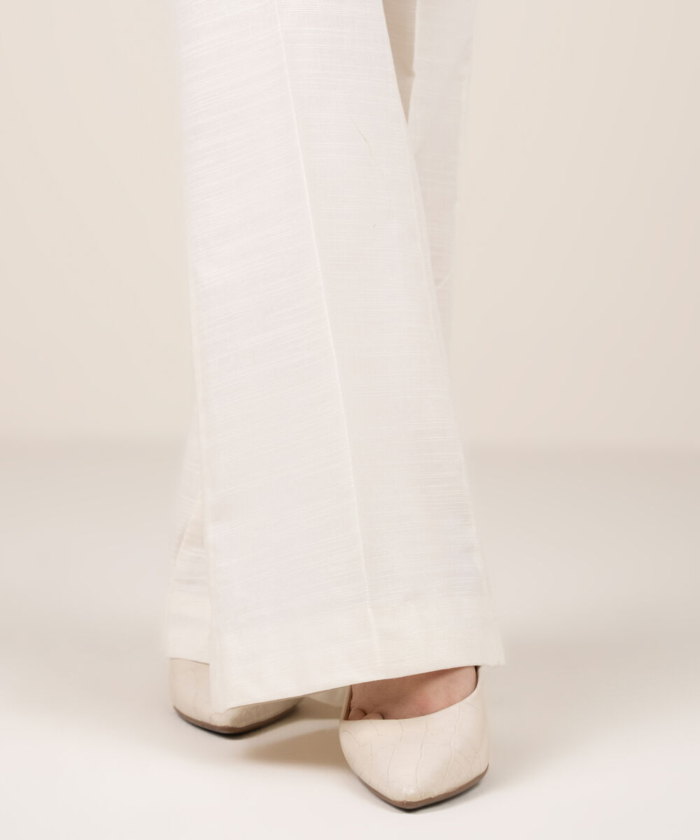 Women's RTW Khaddar Solid Off White Straight Pants