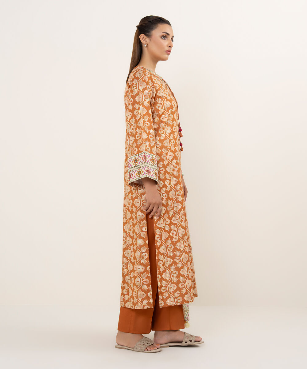 Women's Unstitched Lawn Printed Rust 3 Piece Suit