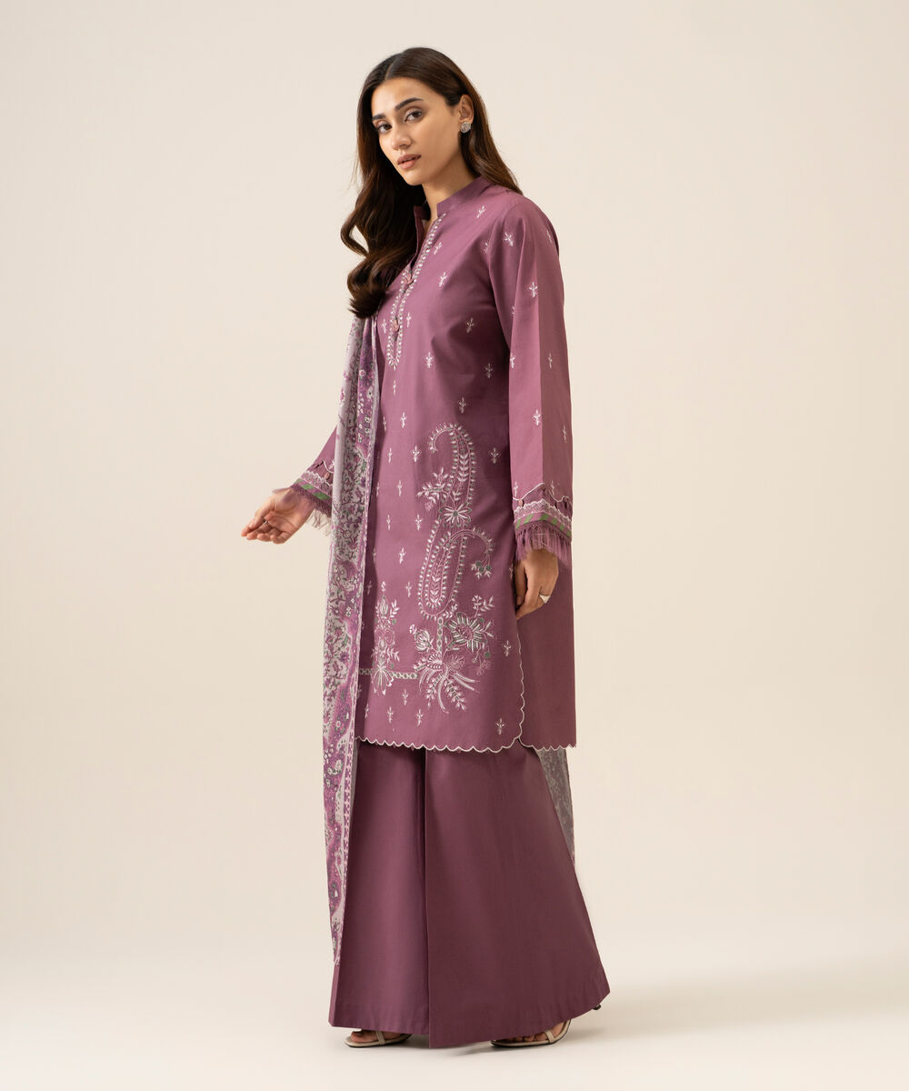 Women's Unstitched Lawn Embroidered Mauve 3 Piece Suit