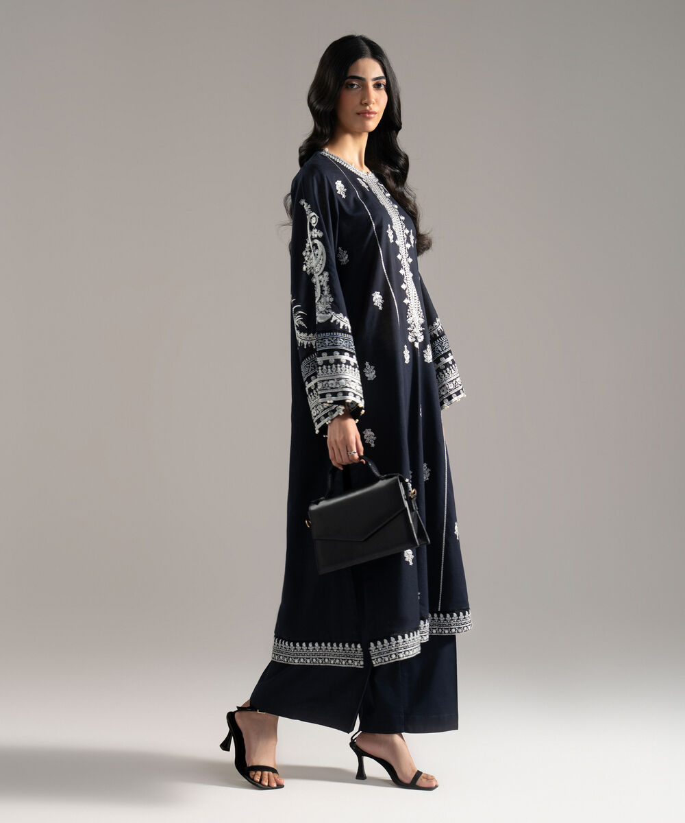 Women's RTW Solid Embroidered Cross Hatch Black A-Line Shirt