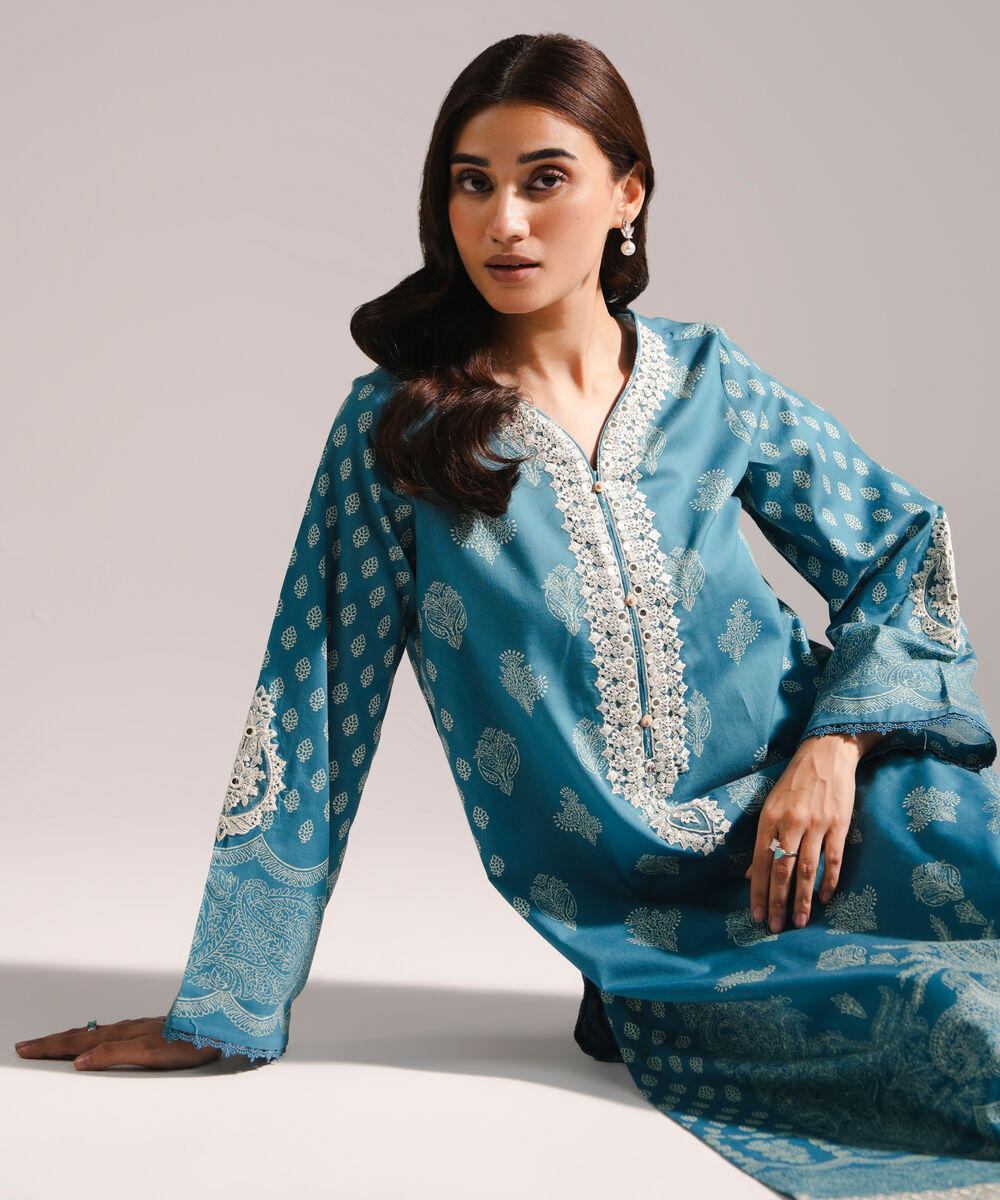 Women's RTW Textured Cotton Embroidered Blue 2 Piece Suit