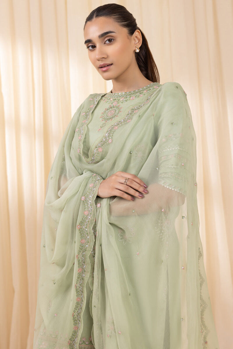 3 Piece - Embroidered Cotton Satin Suit