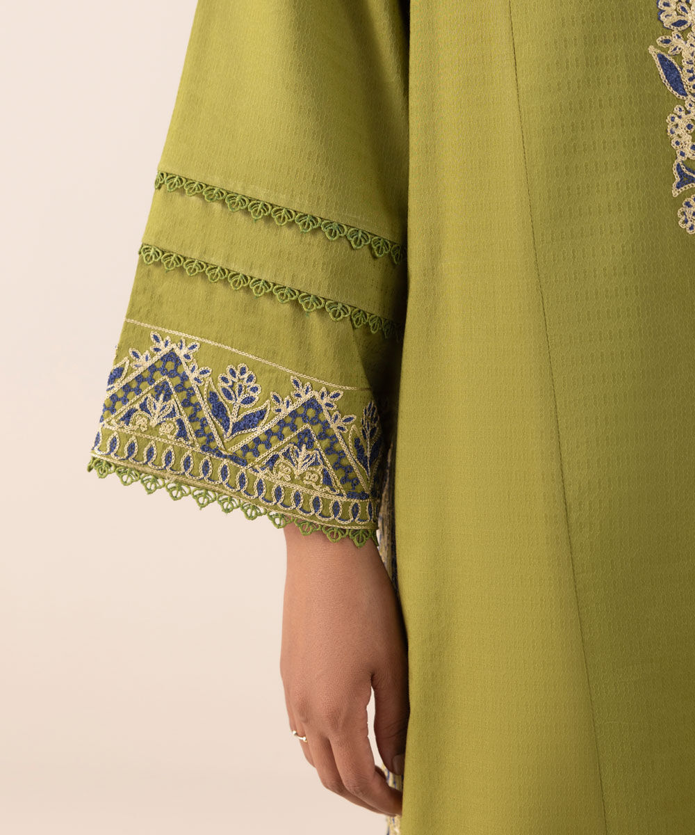 Women's Pret Dobby Green Embroidered A-Line Shirt