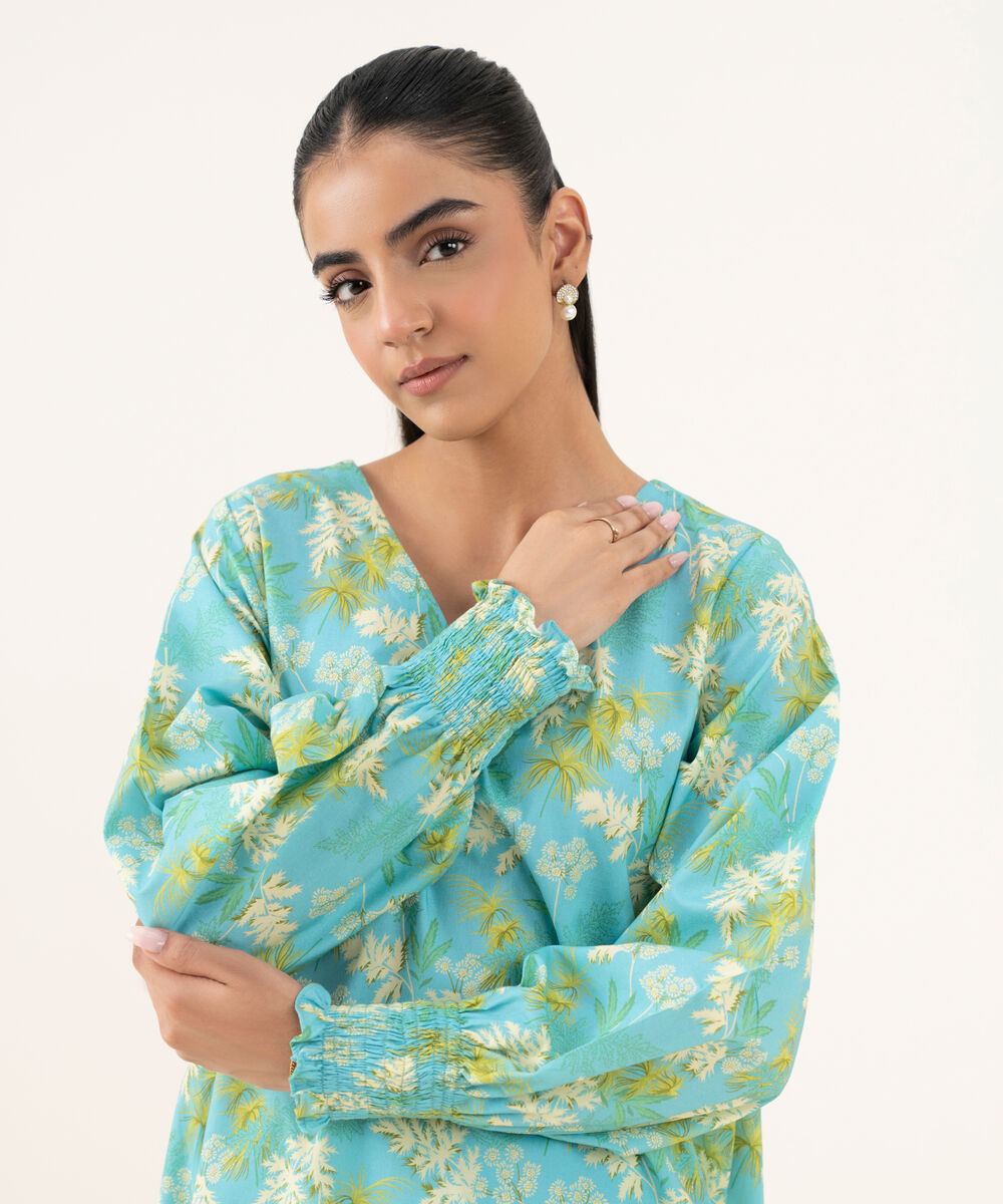 Women's Unstitched Cotton Printed Blue Two Piece Suit