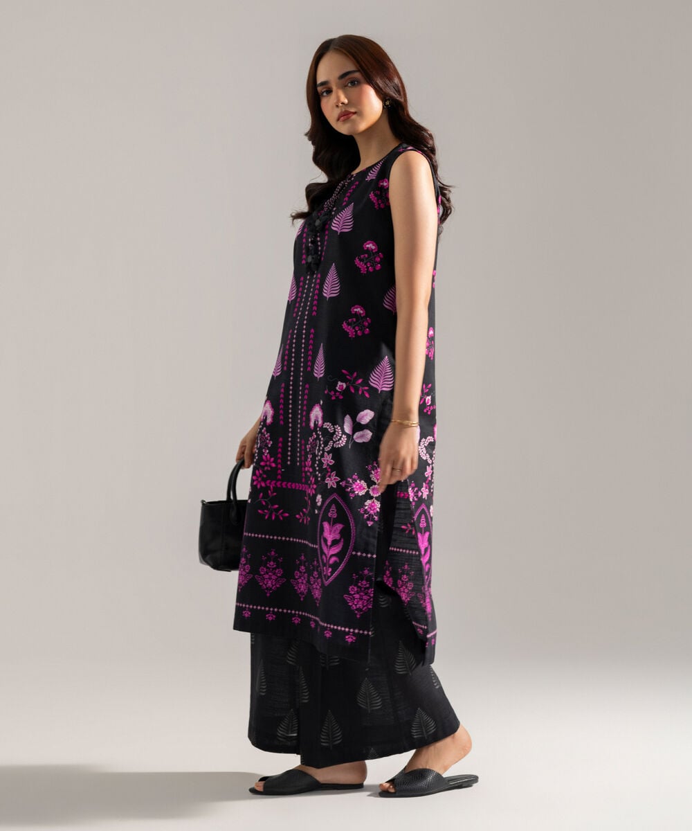 Women's RTW Printed Black Khaddar A-Line Shirt