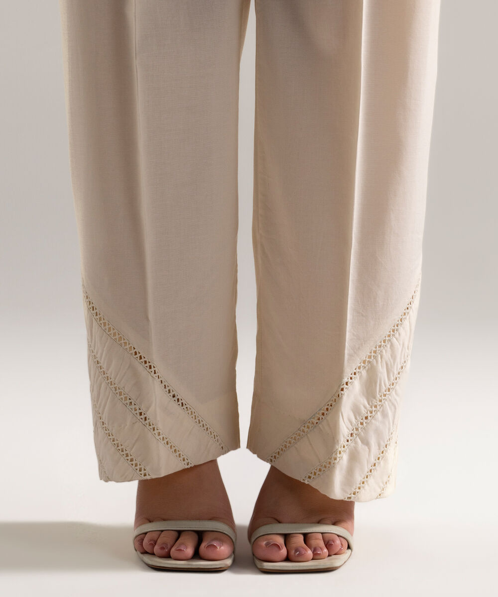 Women's RTW Cambric Solid Off White Straight Pants