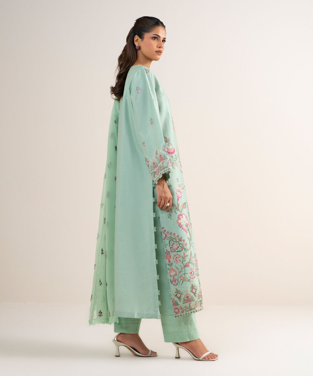 Women's Unstitched Cotton Net Embroidered Green 3 Piece Suit