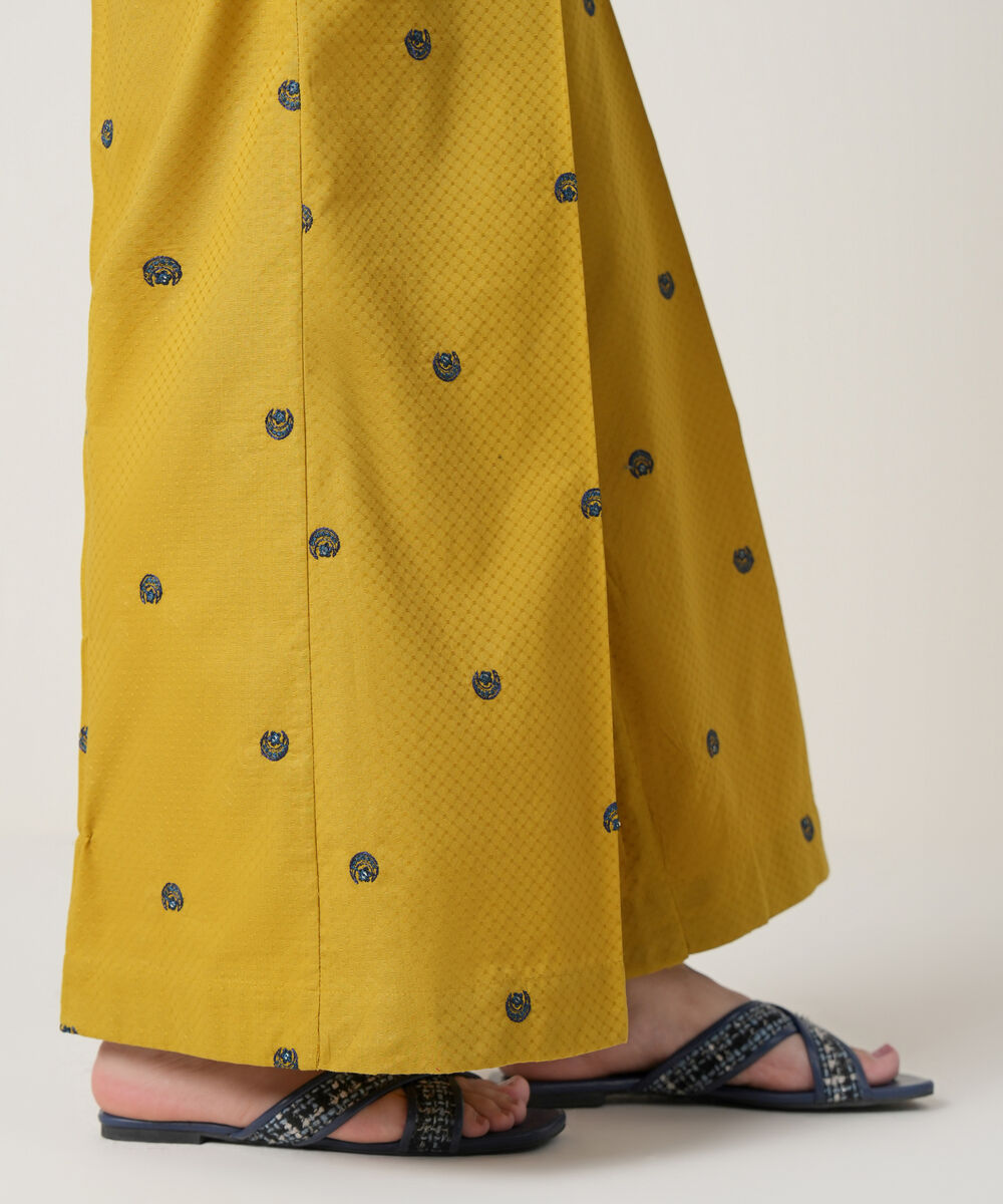 Women's RTW Textured Cotton Yellow Embroidered Trousers
