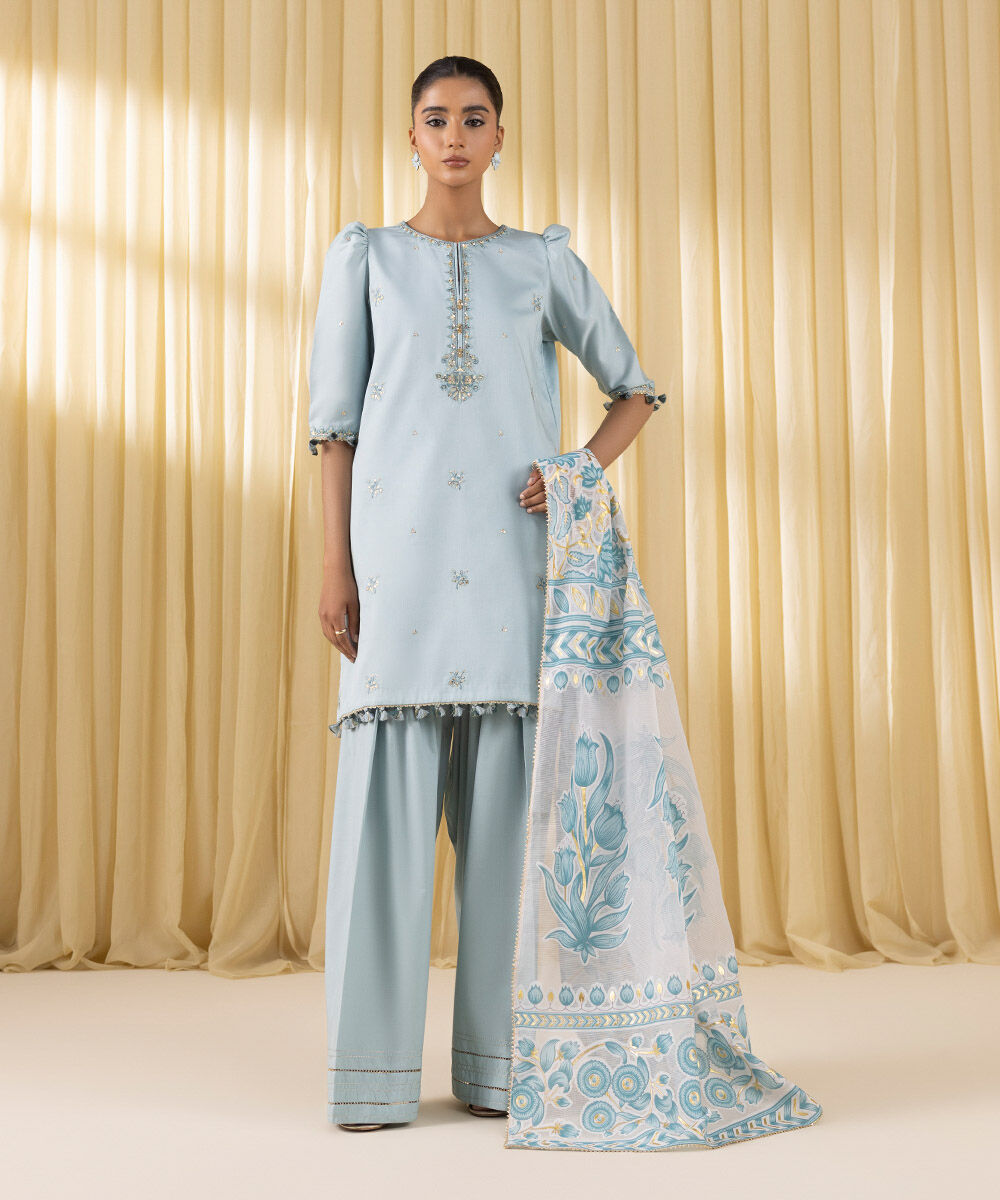 Unstitched Women's Blue Cotton Satin Embroidered 3 Piece Suit