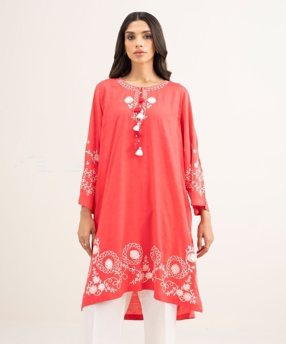 Women's RTW Arabic Self Jacquard Embroidered Pink Straight Shirt