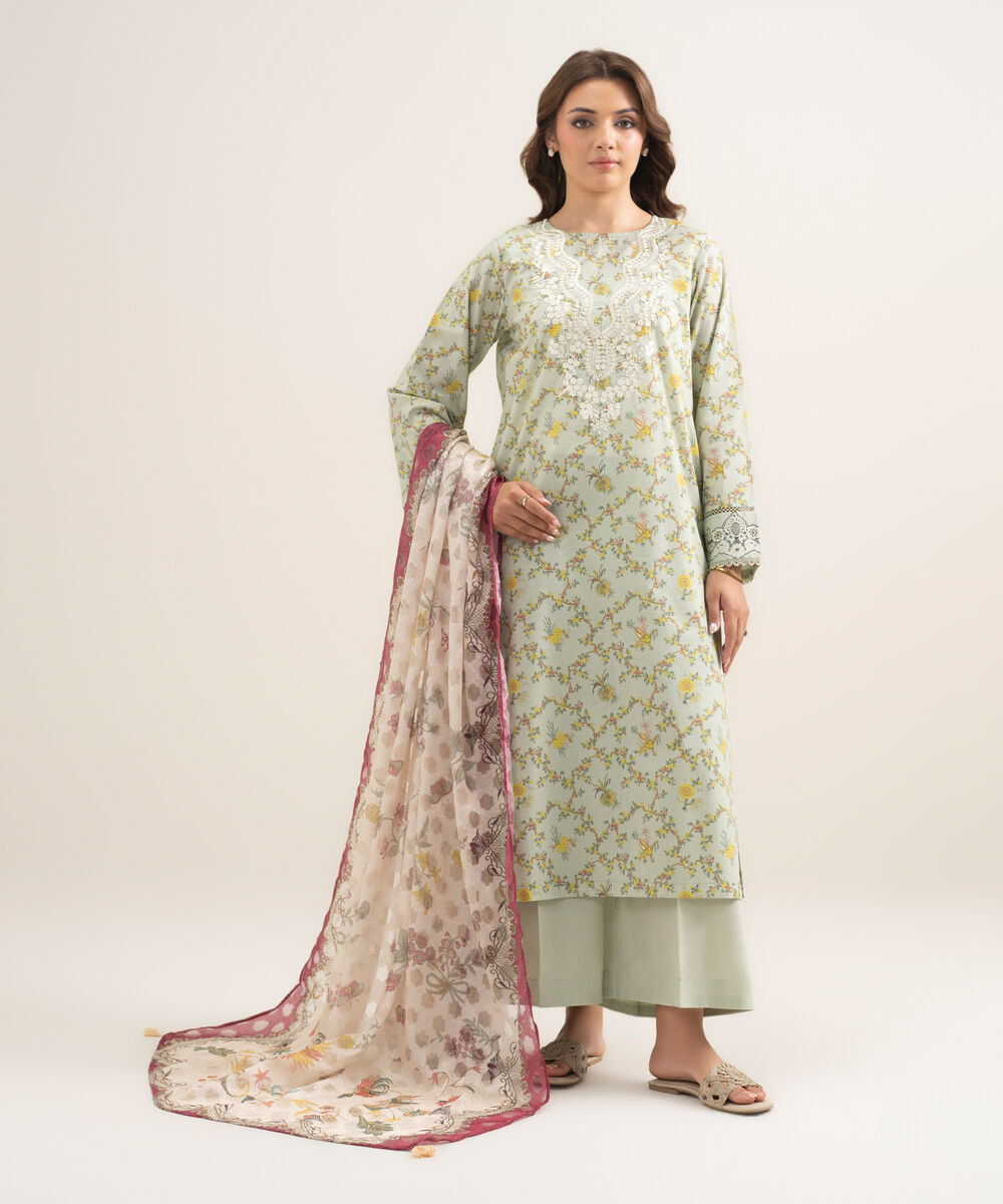 Women's RTW Lawn Embroidered Green A-Line Shirt