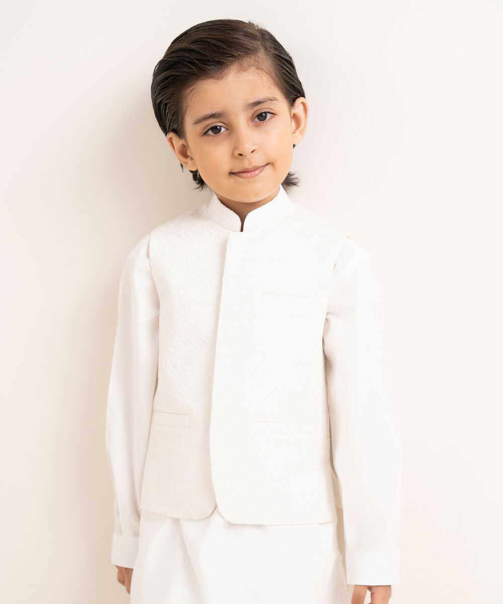 Boy's Stitched Premium Cotton Off White Waistcoat