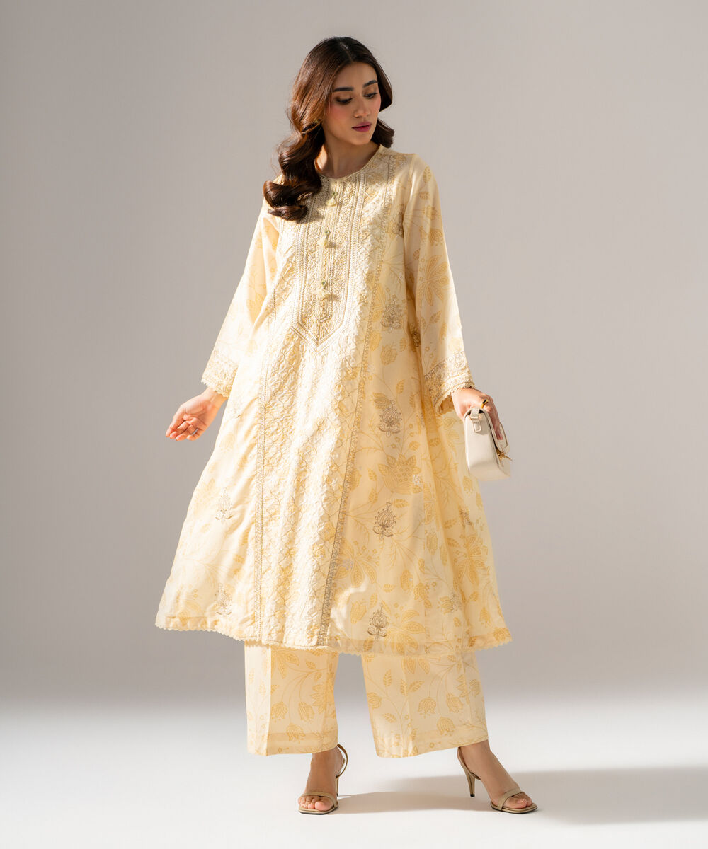 Women's RTW Fancy Cotton Printed Embroidered Pale Yellow 2 Piece Suit