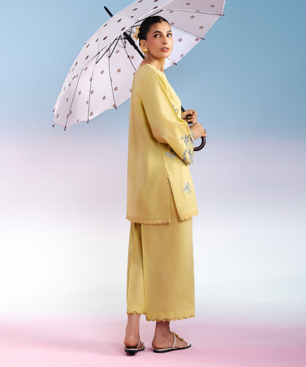 Women's RTW Cotton Viscose Embroidered Pale Yellow A-Line Shirt