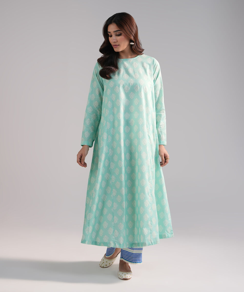 Women's RTW Crosshatch Printed Turquoise A-Line Shirt