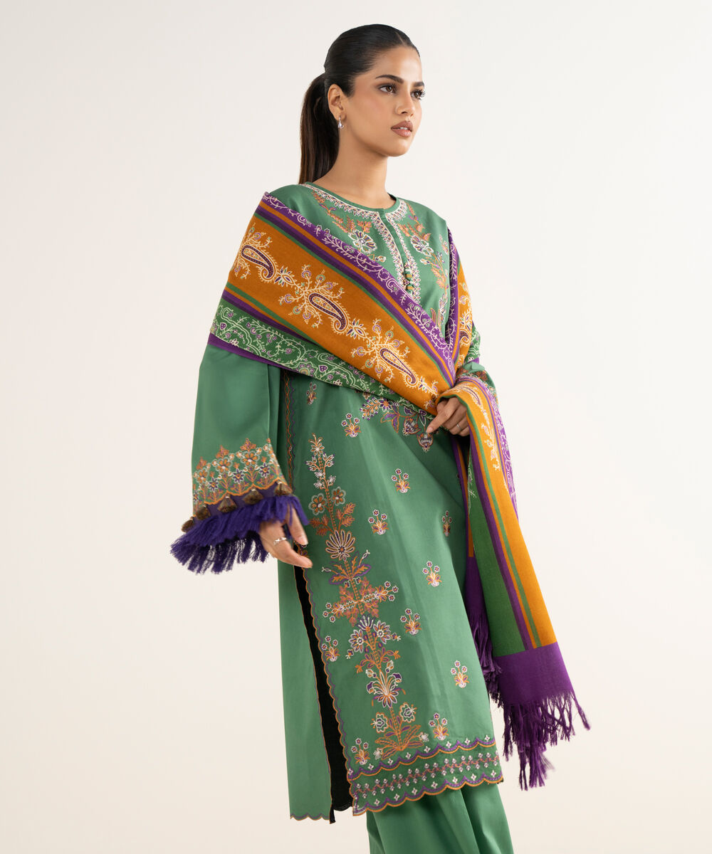 Women's Unstitched Twill Embroidered Green 3 Piece Suit