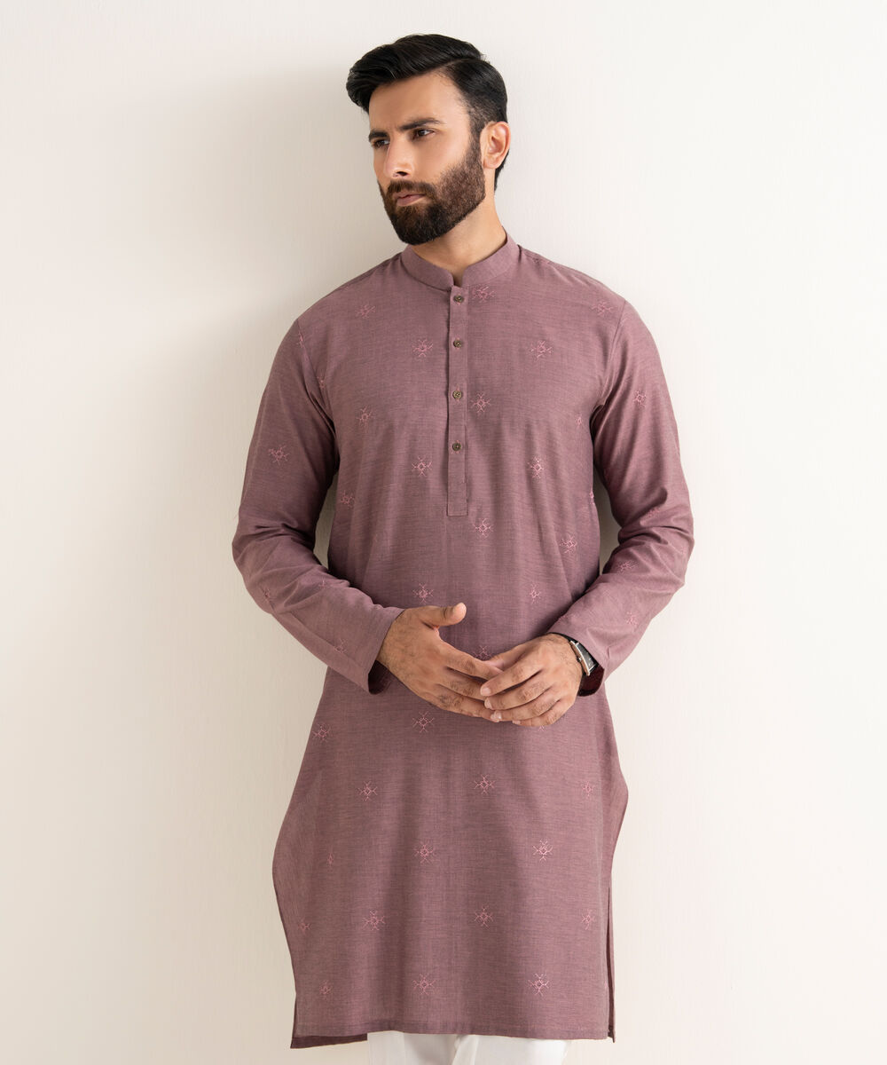 Men's Yarndyed Wash & Wear Embroidered Purple Kurta