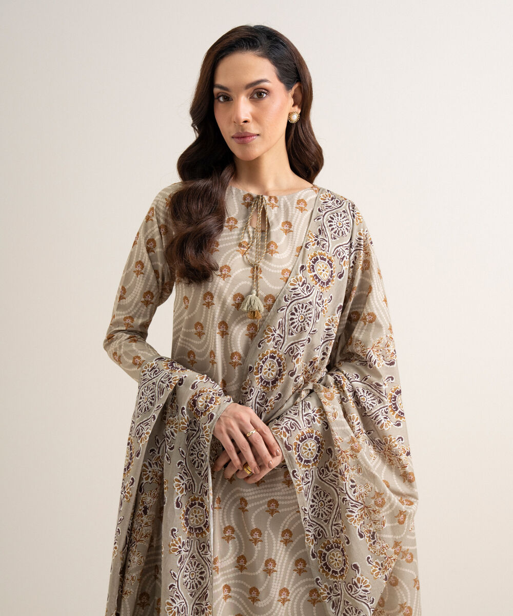 Women's Unstitched Cotton Printed Beige 3 Piece Suit