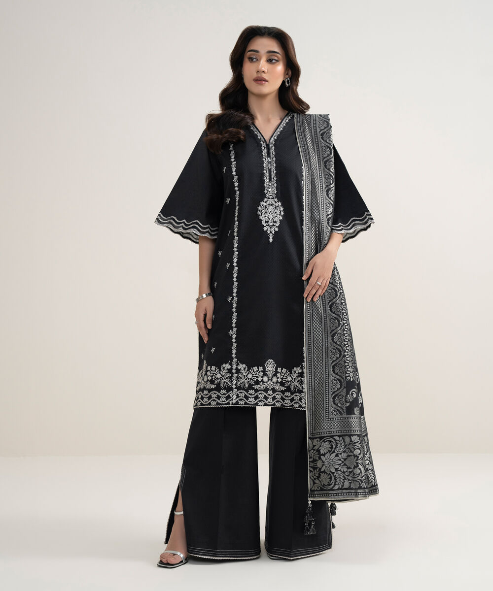 Women's Unstitched Dobby Embroidered Black 3 Piece Suit