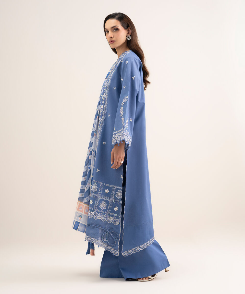 Women's Unstitched Textured Lawn Embroidered Blue  3 Piece Suit