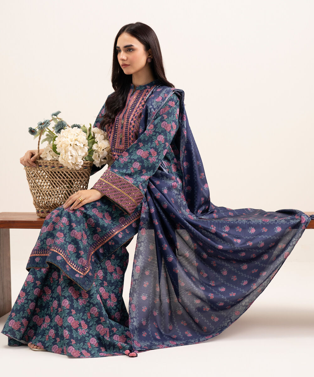 Women's Unstitched Lawn Embroidered Blue 3 Piece Suit