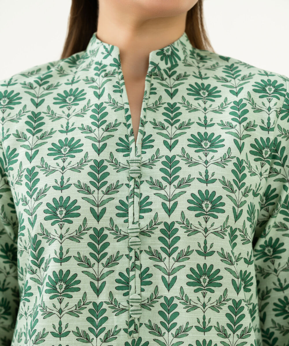 Women's Unstitched Cotton Printed Green 2 Piece Suit