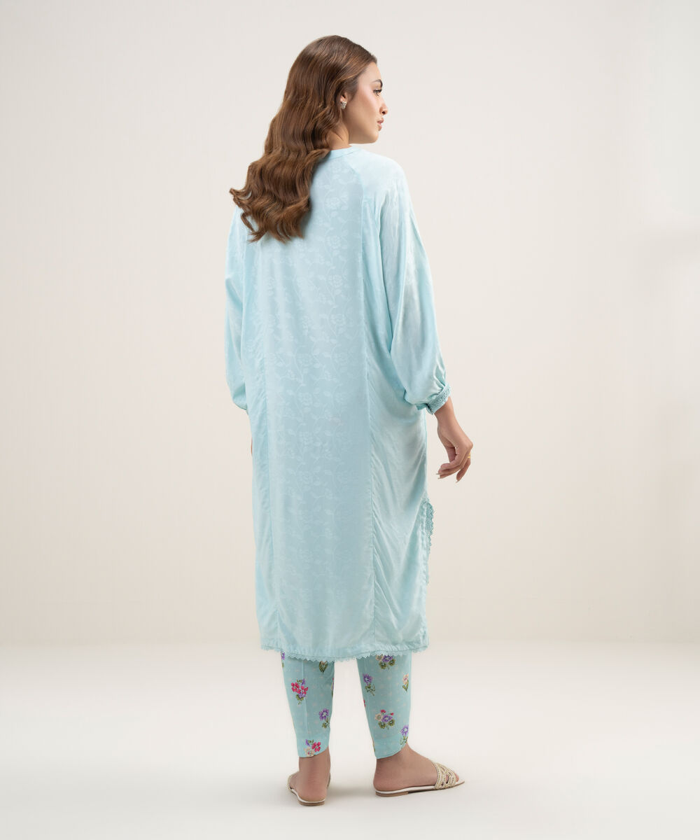 Women's RTW Arabic Self Jacquard Solid Blue Drop Shoulder Shirt