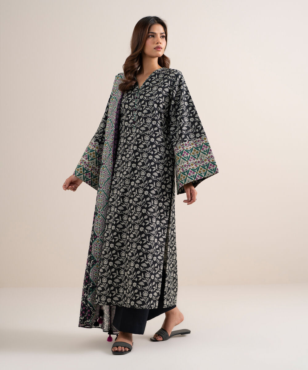Women's Unstitched Lawn Printed Black 3 Piece Suit
