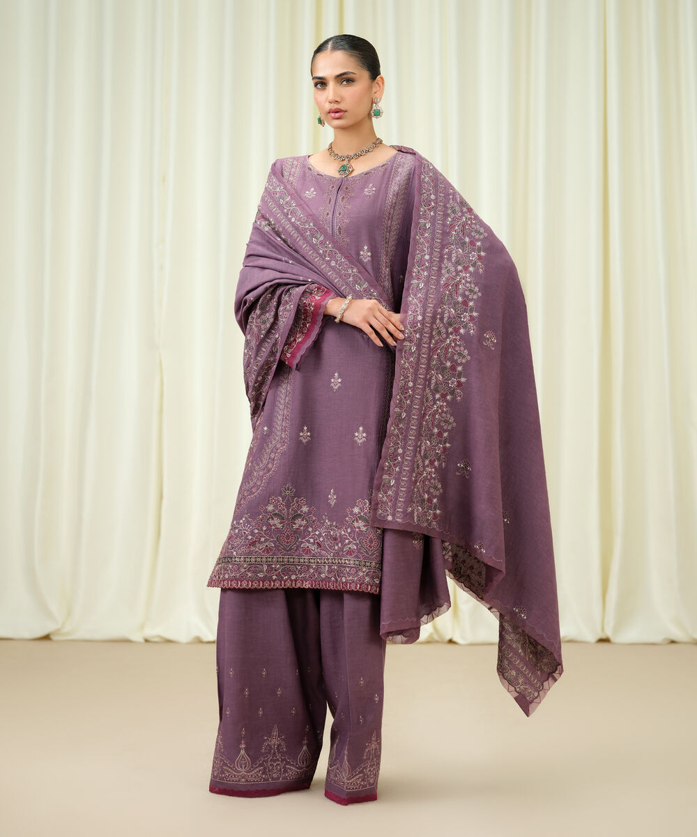 Women's Unstitched Viscose Karandi Embroidered Purple 3 Piece Suit