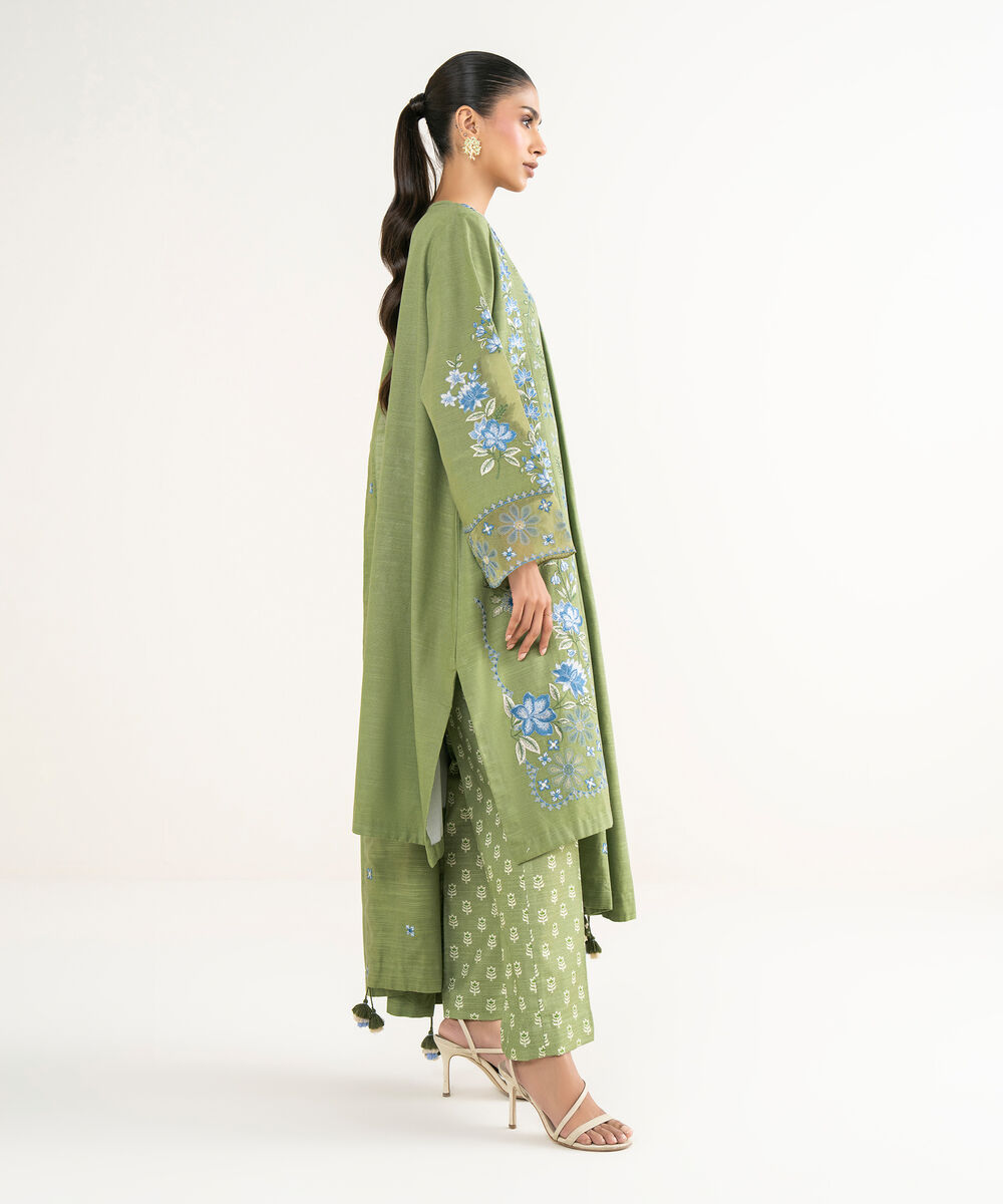 Women's Unstitched Khaddar Embroidered Green 3 Piece Suit