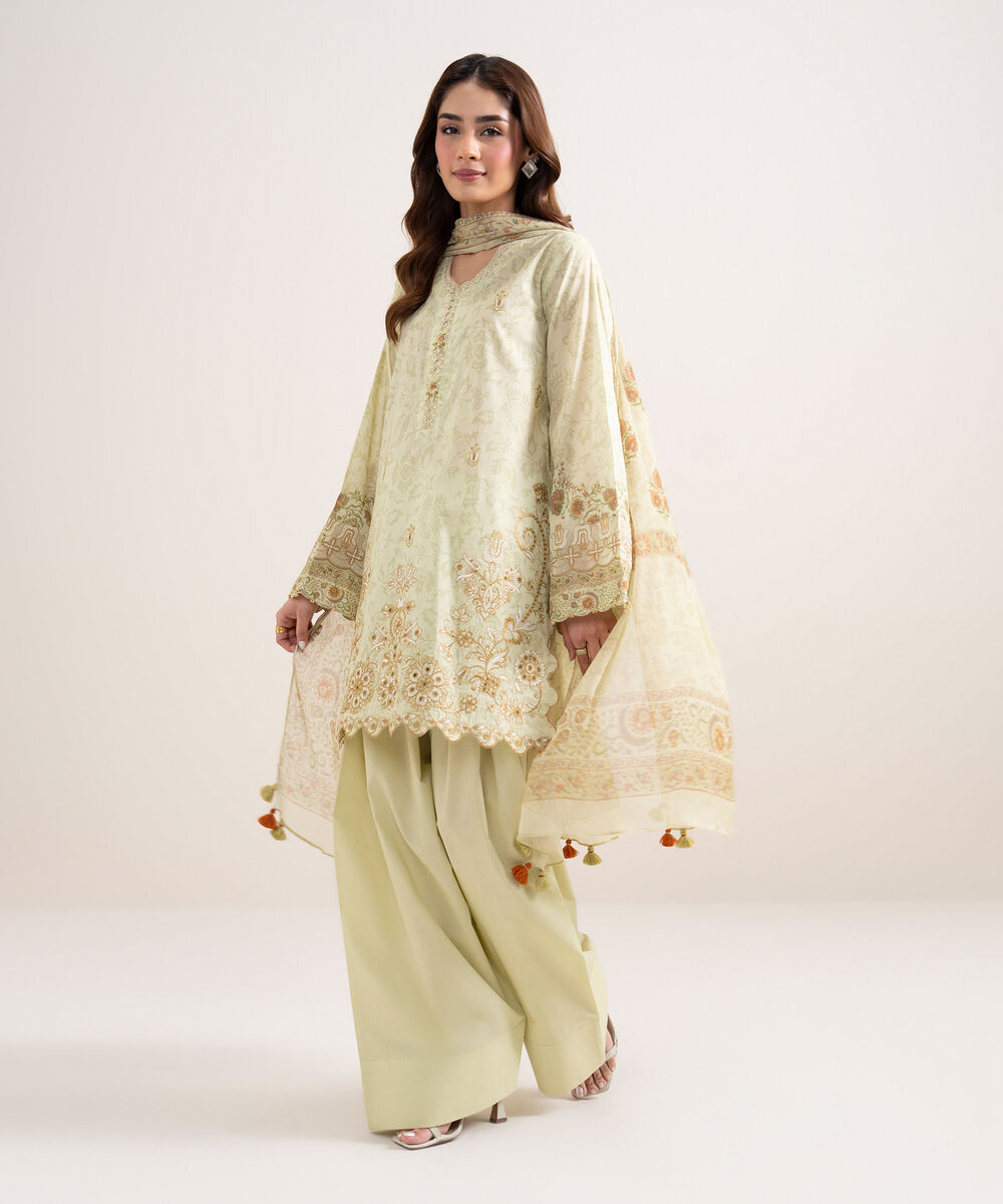 Women's Unstitched Lawn Embroidered Green 3 Piece Suit