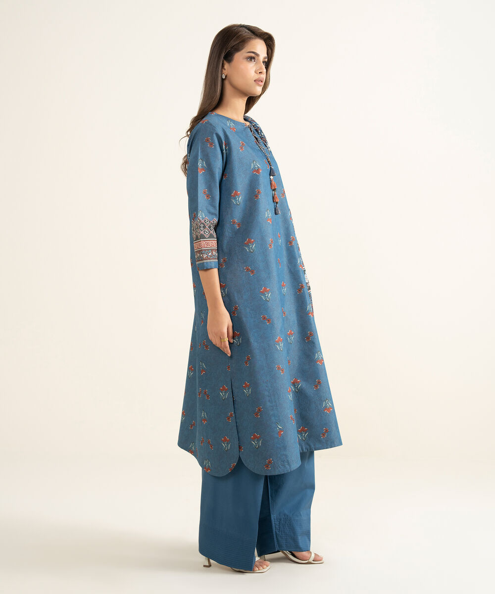 Women's Unstitched Zari Lawn Printed Blue 3 Piece Suit