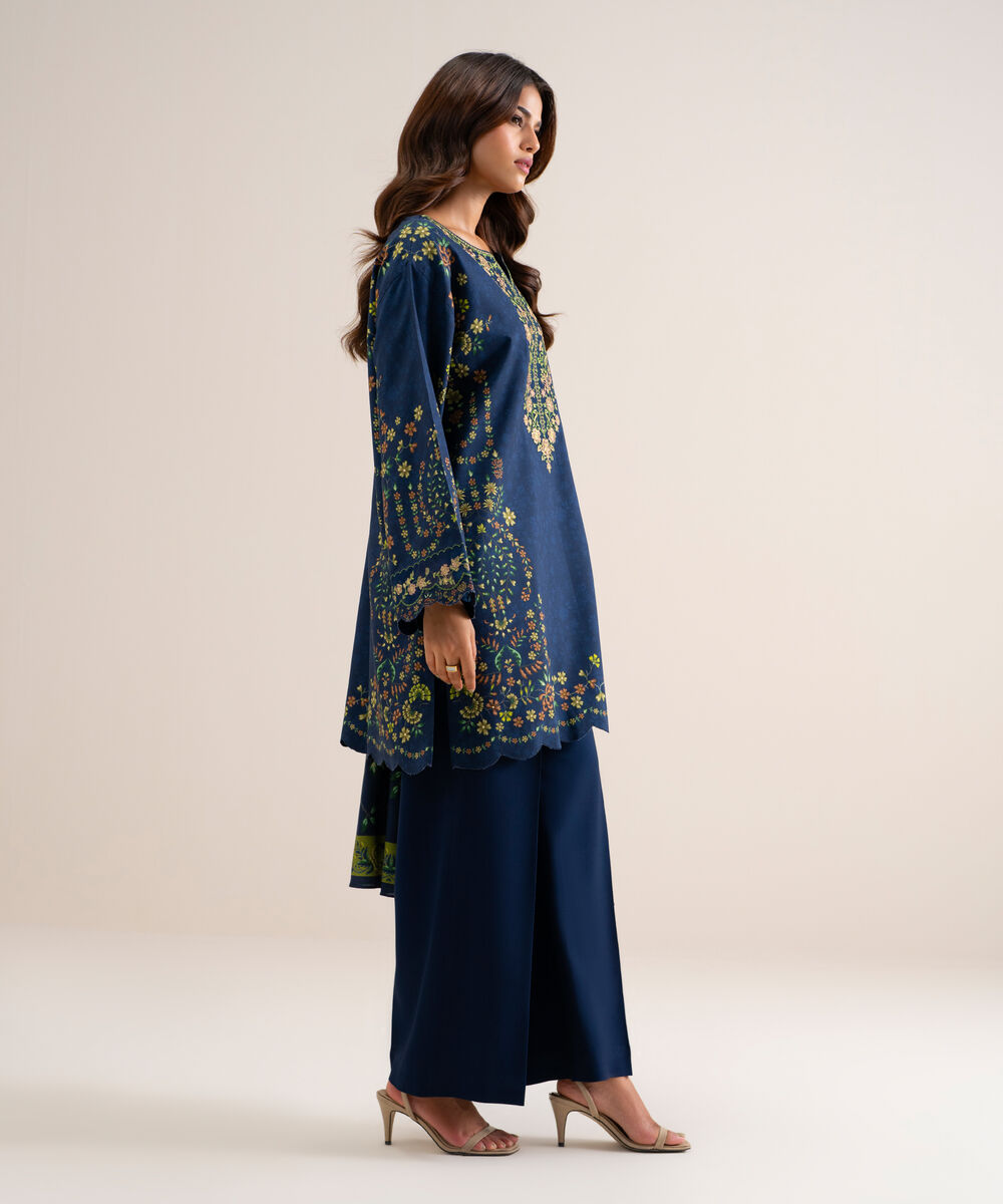 Women's Unstitched Printed Cotton Viscose Blue 3 Piece Suit