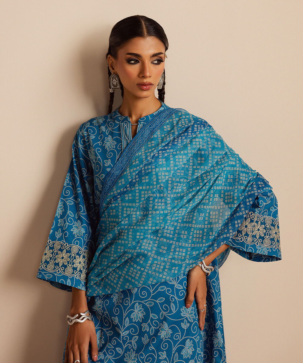 Women's Unstitched Lawn Embroidered Blue 3 Piece Suit