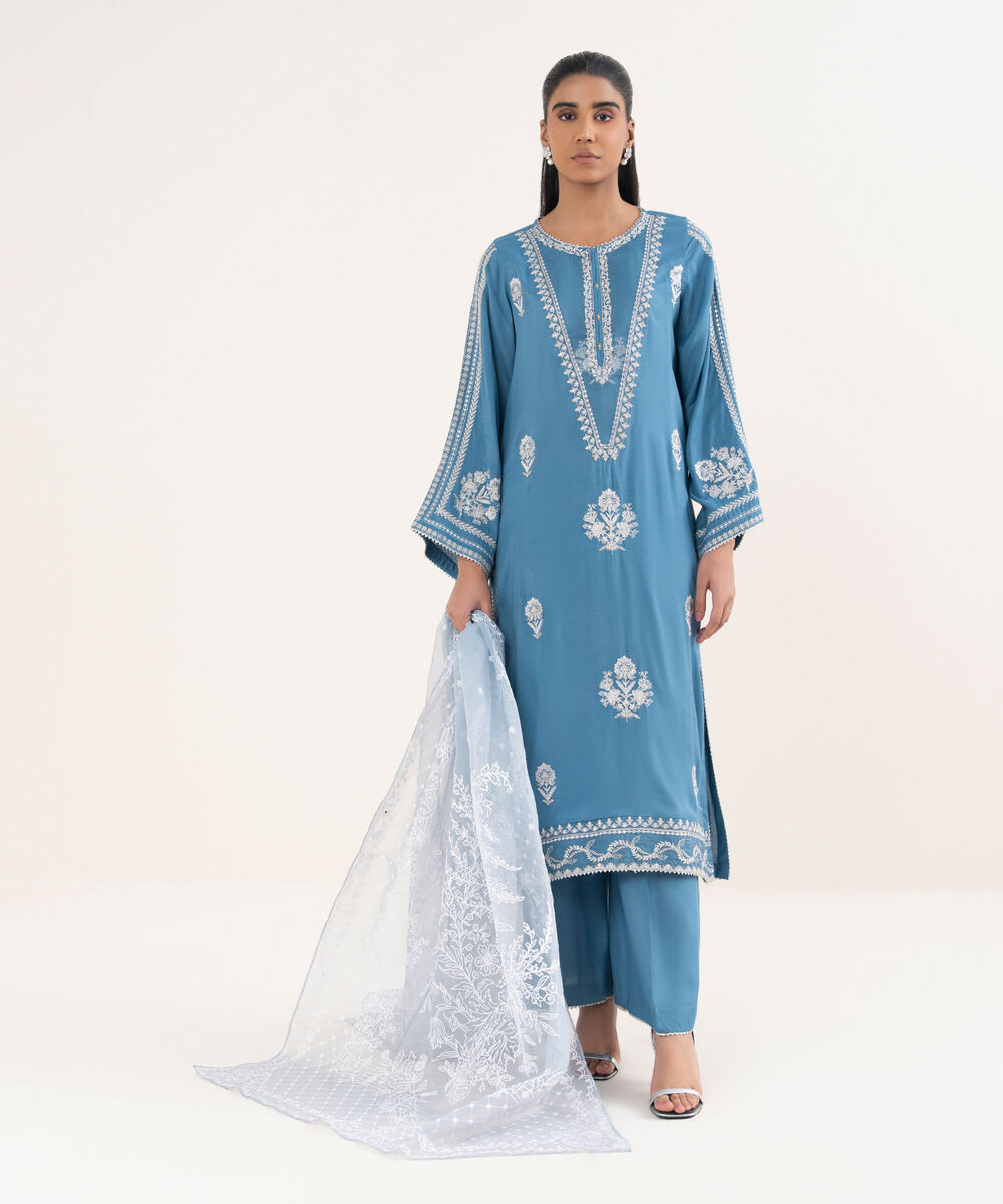 Blended Organza Printed Blue Dupatta