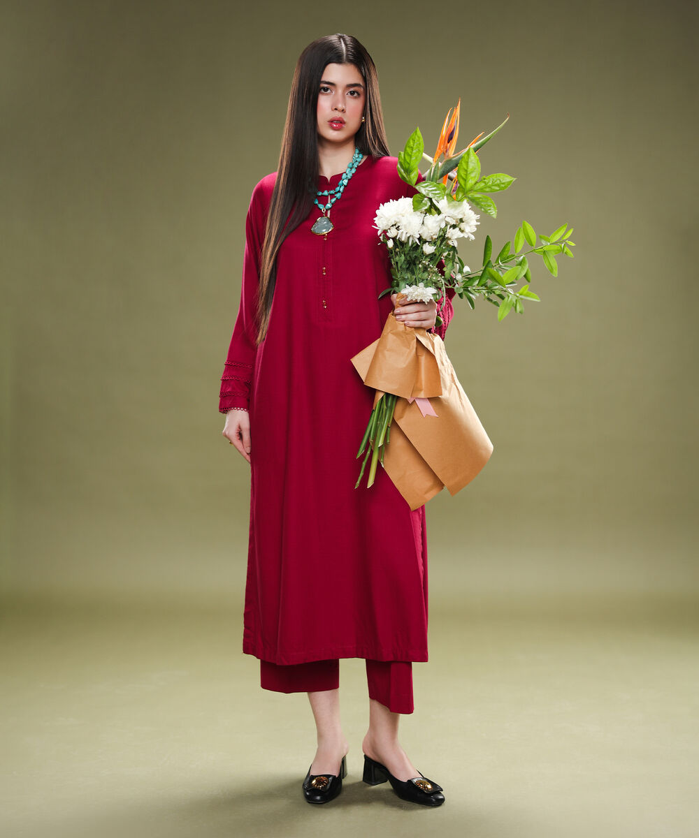 Women's RTW Textured Arabic Pink Solid Straight Shirt