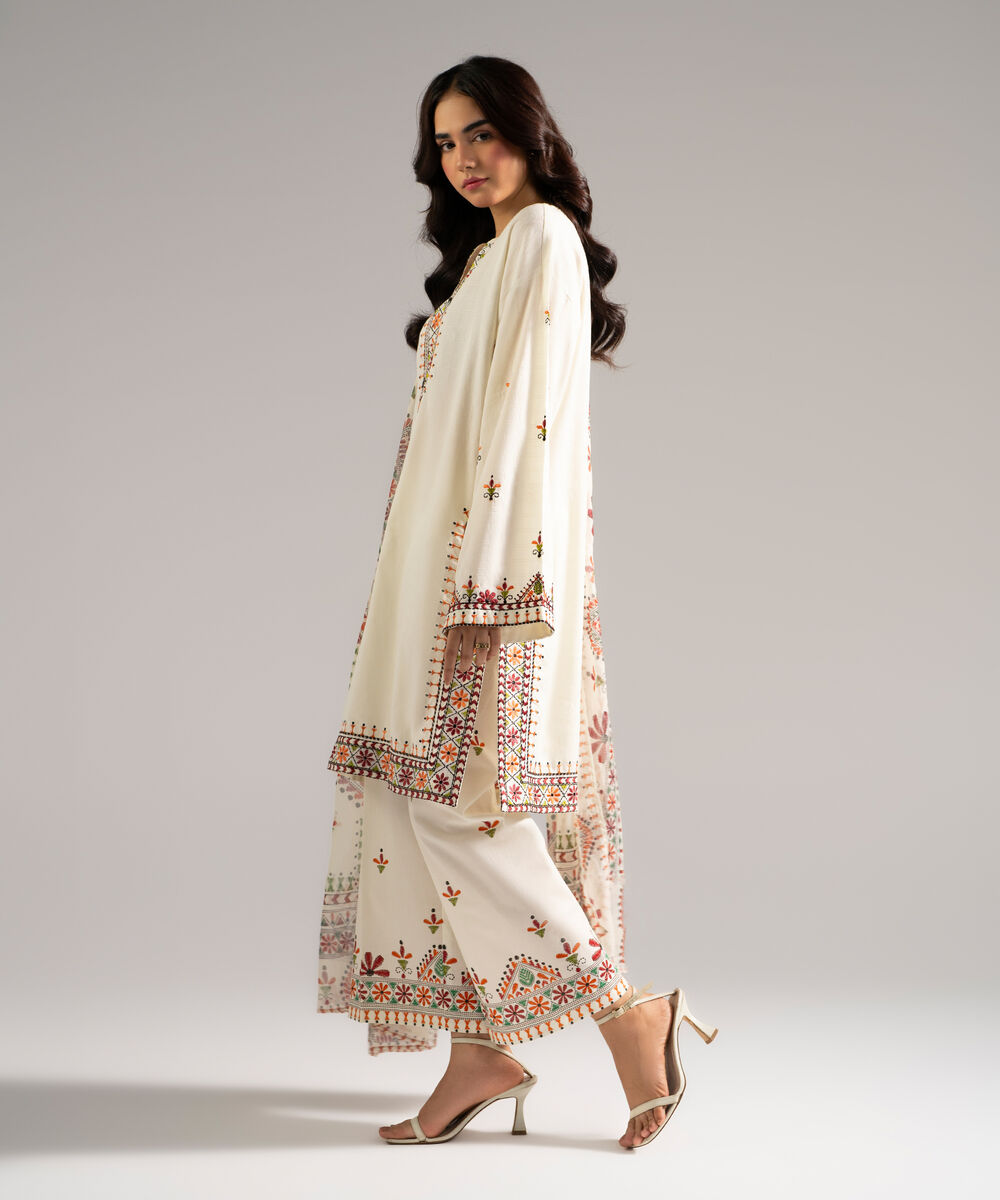 Women's RTW Dobby Embroidered Off White 3 Piece Suit