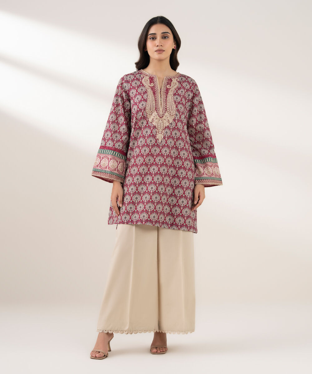 Women's RTW Khaddar Embroidered Straight Pink Shirt