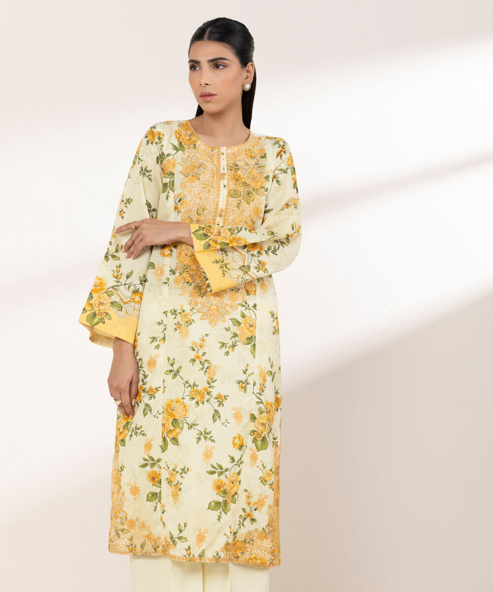 Women's RTW Zari Lawn Yellow Embroidered A-Line Shirt