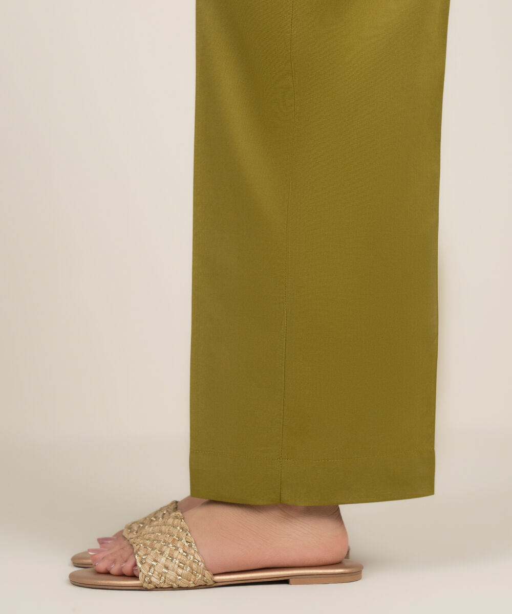 Women's RTW Cambric Solid Green Straight Pants