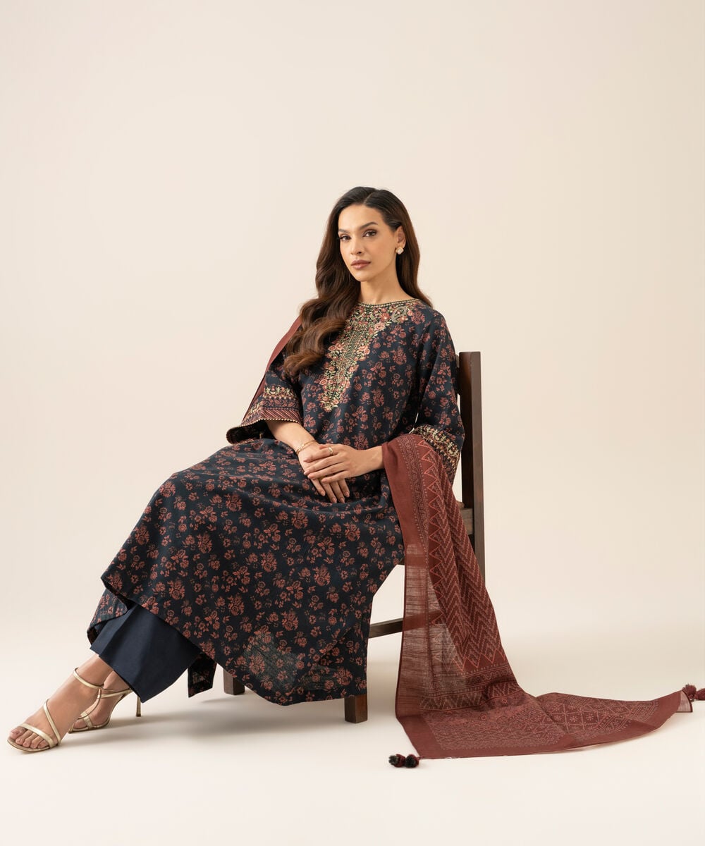 Women's Unstitched Light Khaddar Embroidered Blue 3 Piece Suit